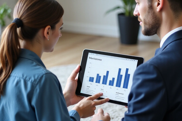 Dwie osoby analizujące wykresy postępów na tablecie, symbolizujące monitoring i analizę danych.